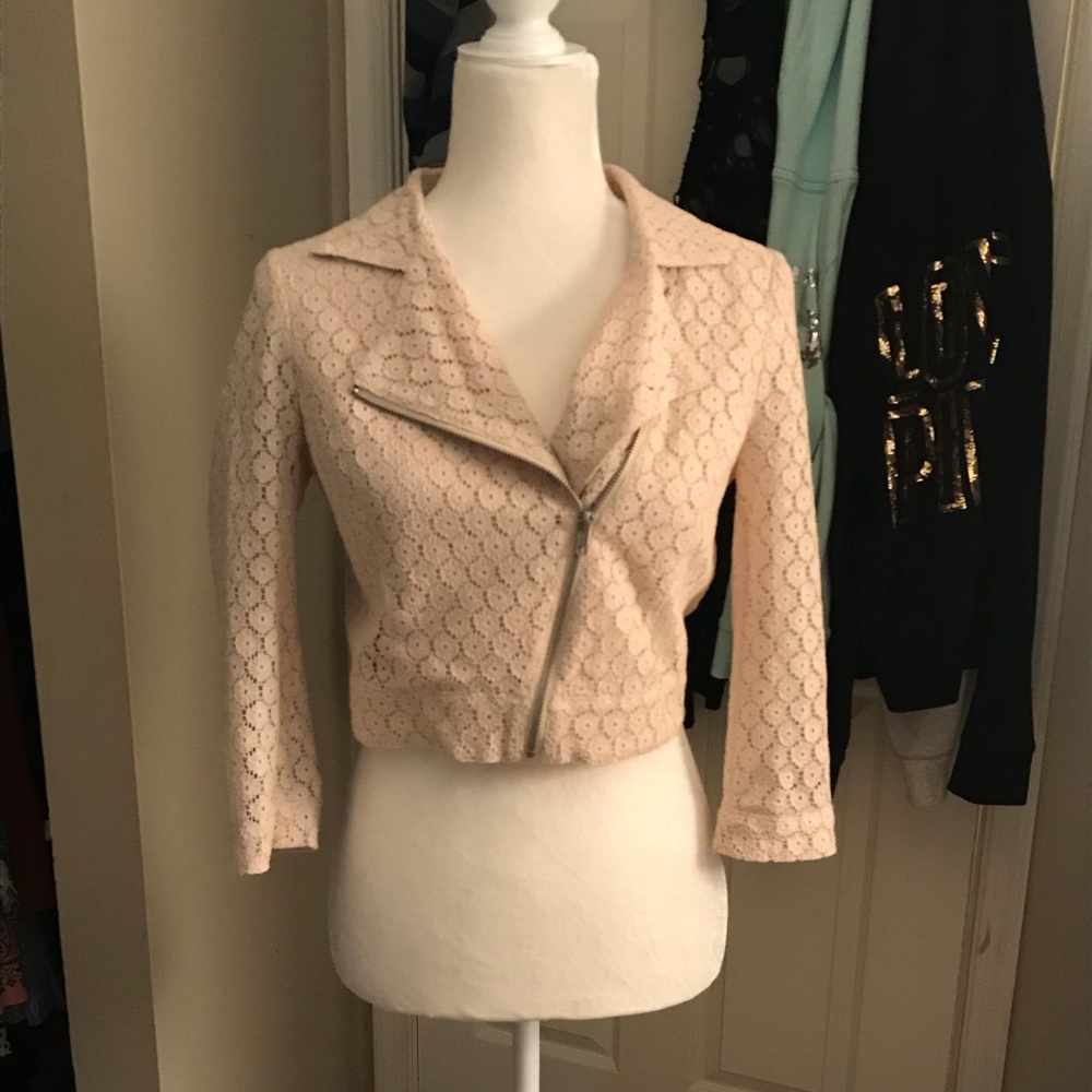 Mandee eyelet lace cream crop Moto zipper jacket